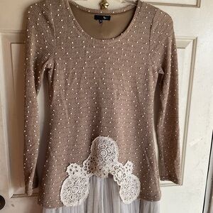 RYU TAN POM POM DRESS BOHO VINTAGE INSPIRED CROCHET FLOWER TULLE BOTTOM M.32X34